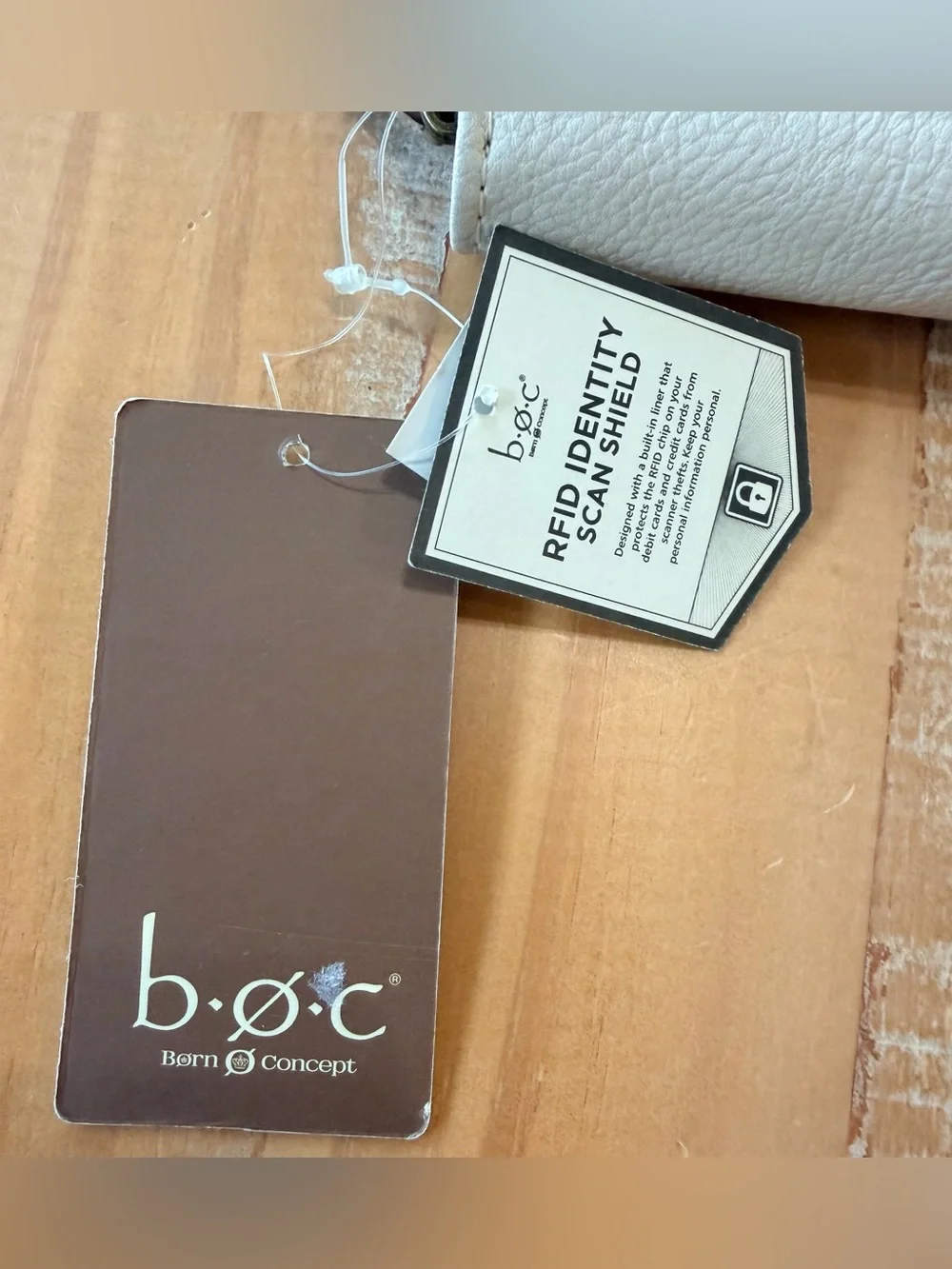 NEW b.o.c. RFID Aqua and Taupe Trifold Wallet with Brown Accents BORN NWT